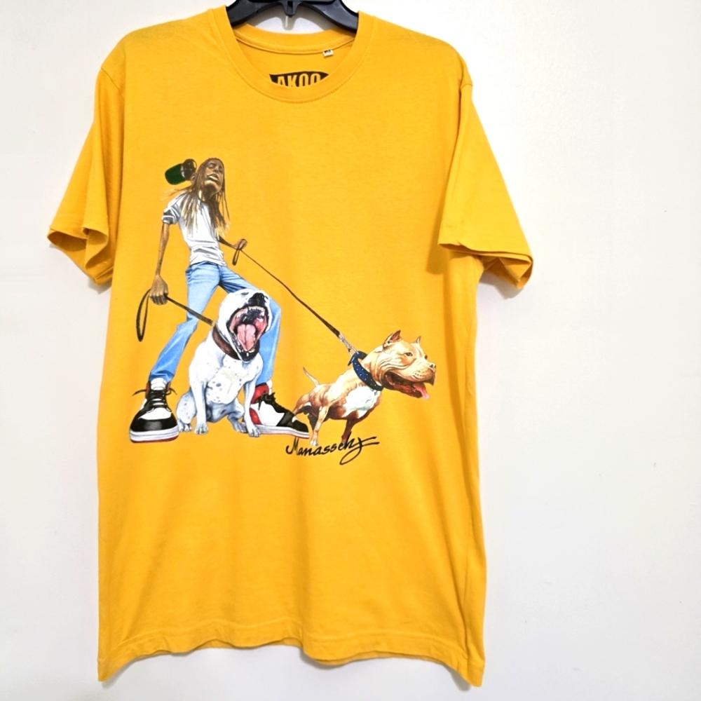 y2k AKOO men's Medium Pit Bull Graphic Streetwear Hip Hop T Shirt Mustard Yellow